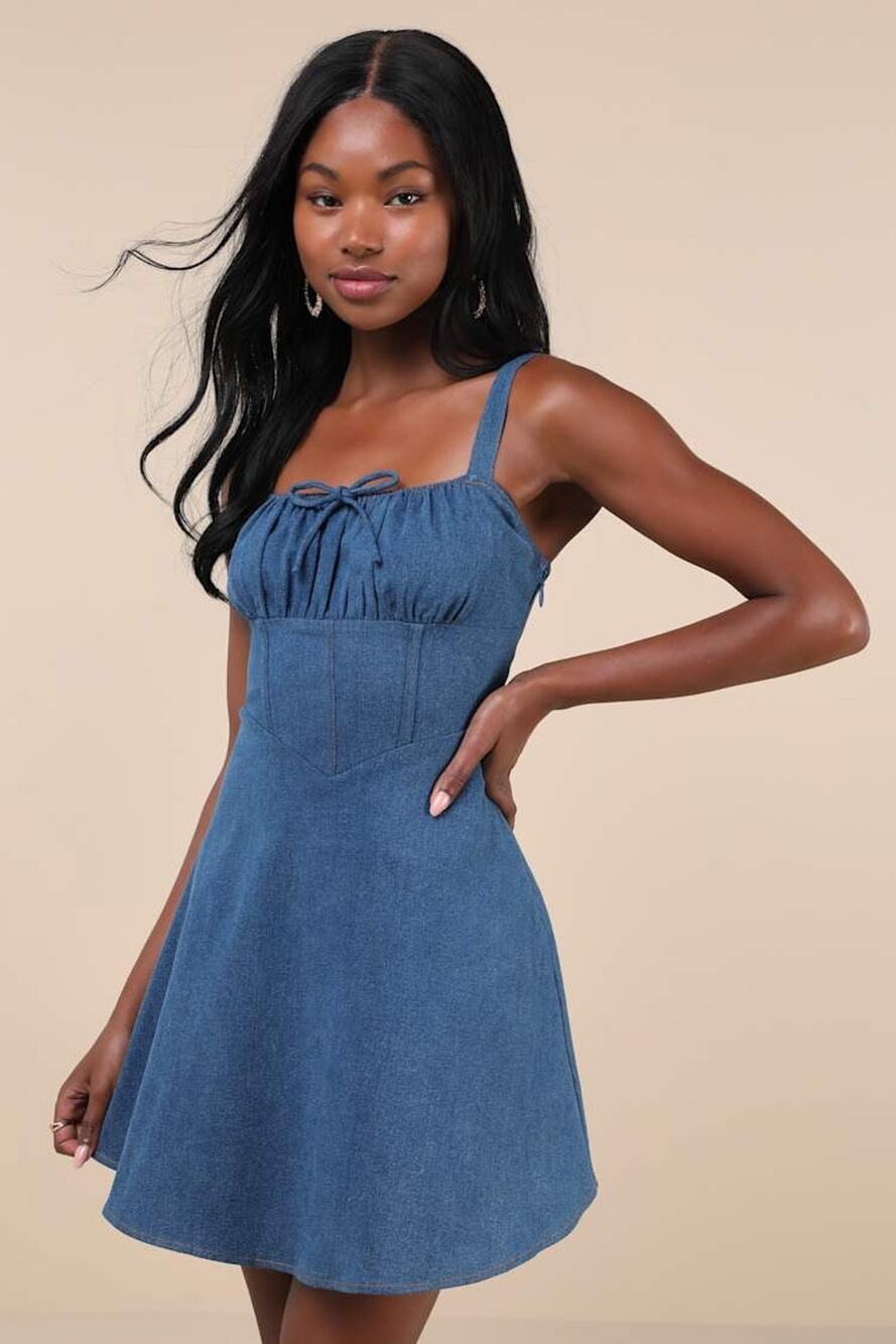 Lulus Considered Charisma Blue Chambray Bustier Mini Dress Cute A Line Small NWT